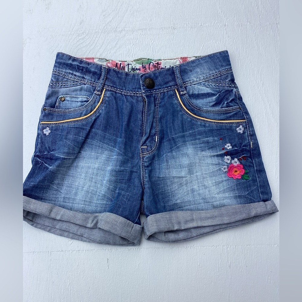 Catimini Blue cuffed Jean Shorts with Floral Embroidery girls size 10 yrs
